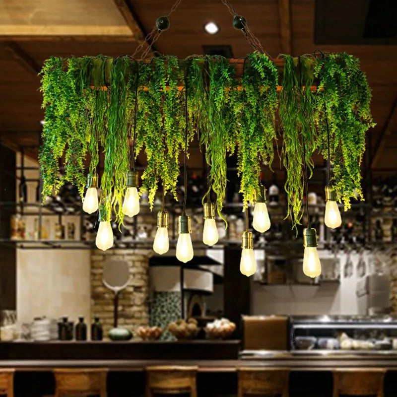 Ritta naturlig dekorativ rektangulær pendellampe i metal med plante, grøn
