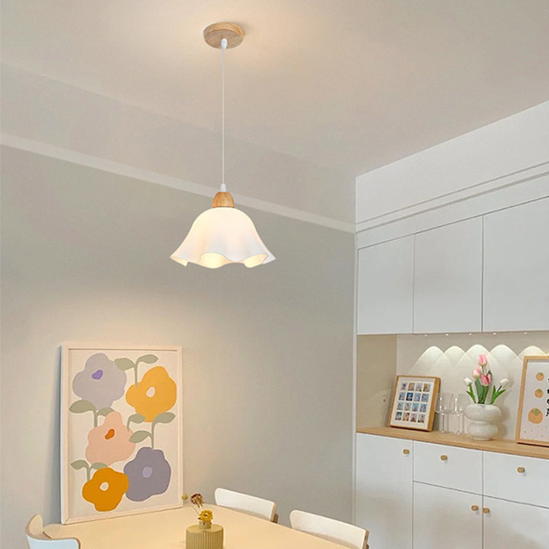 Muto Minimalist Flower /Wood Pendant Light, White