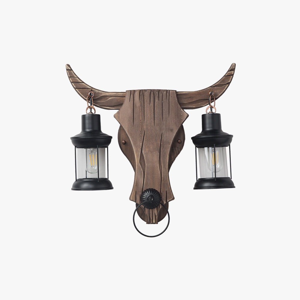 Austin vintage vägglampa i form av tjur, 2-armad, trä/metall, sovrum