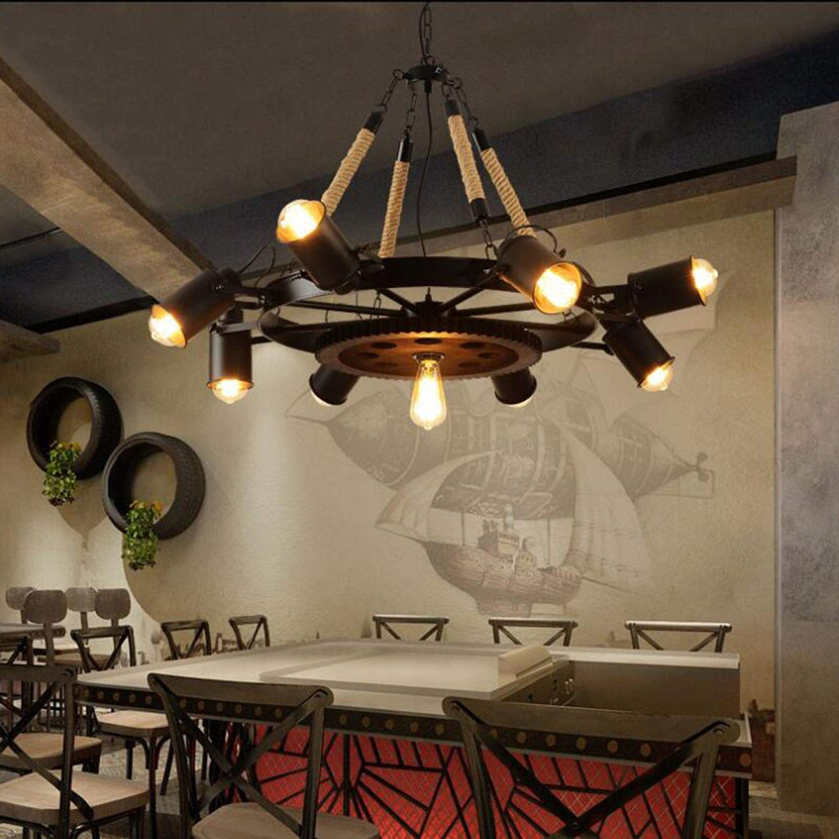 Epoch industriell LED-pendellampa i svart metall/snöre för kafé/bar