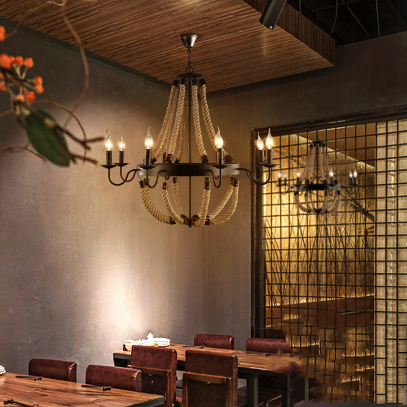 Epoch vintage loftspendellampe i metal og sejlgarn til restaurant/bar