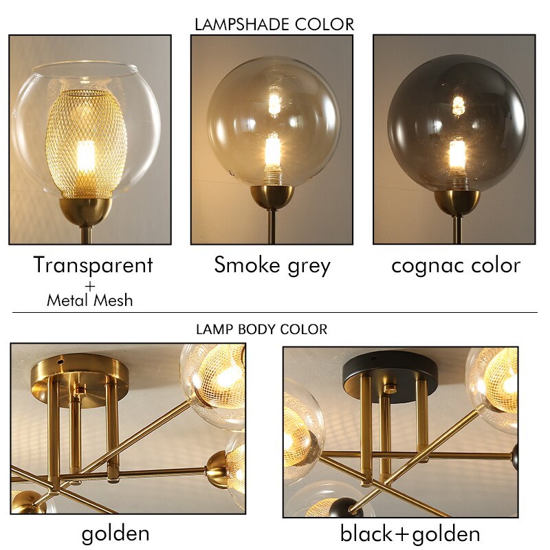 Valentina industriell LED-takkrona med glasglob, 6 stilar