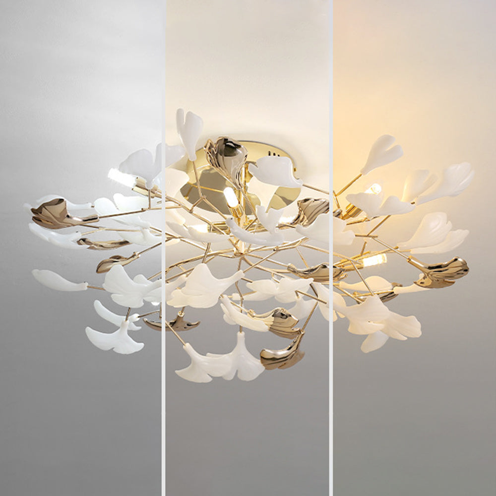 Olivia elegant taklampa med bladmotiv i keramik/metall, guld