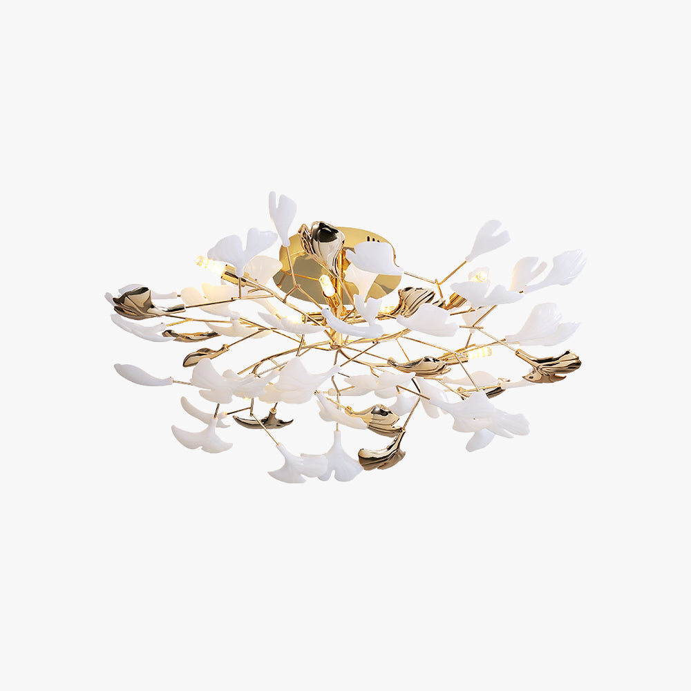 Olivia elegant taklampa med bladmotiv i keramik/metall, guld