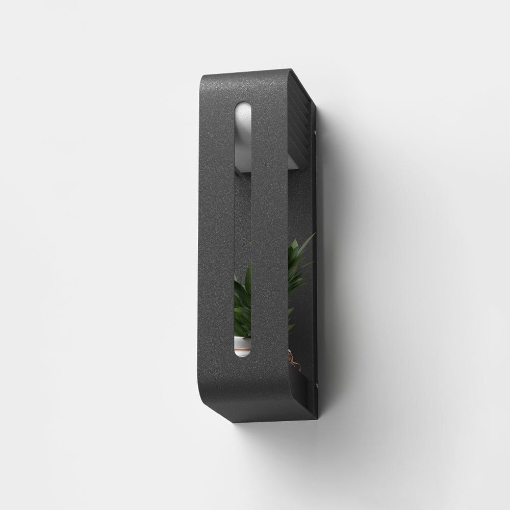 Ray moderne rektangulær udendørs væglampe i metal med solcelle og planteholder, sort