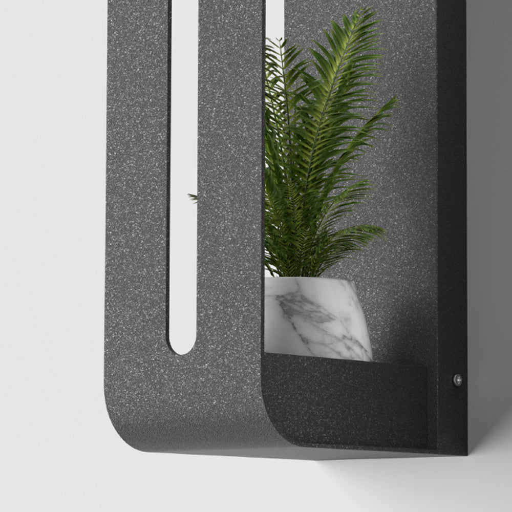 Ray moderne rektangulær udendørs væglampe i metal med solcelle og planteholder, sort