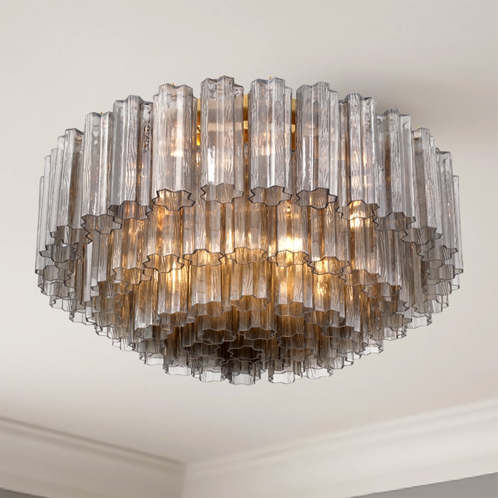 Eiruaya-loftlampe i ravfarvet lagdelt glasrør