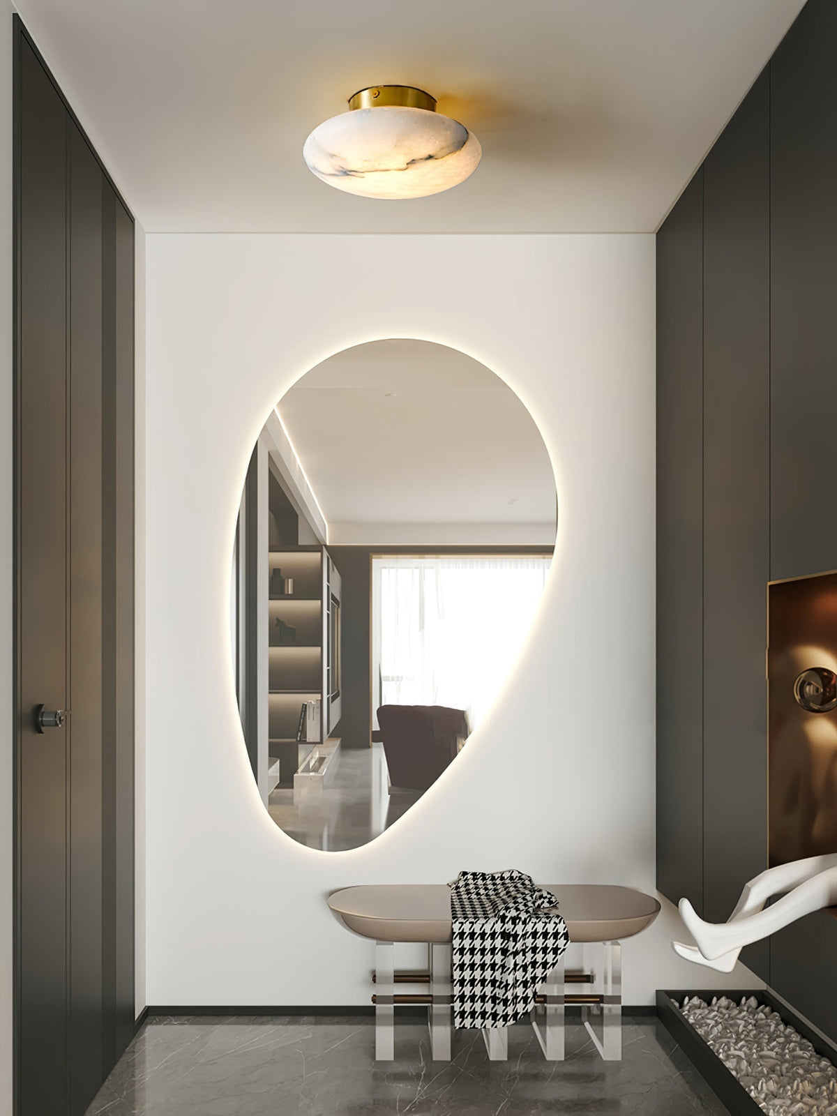 Vanorara minimalistisk taklampa i alabaster med nära montage