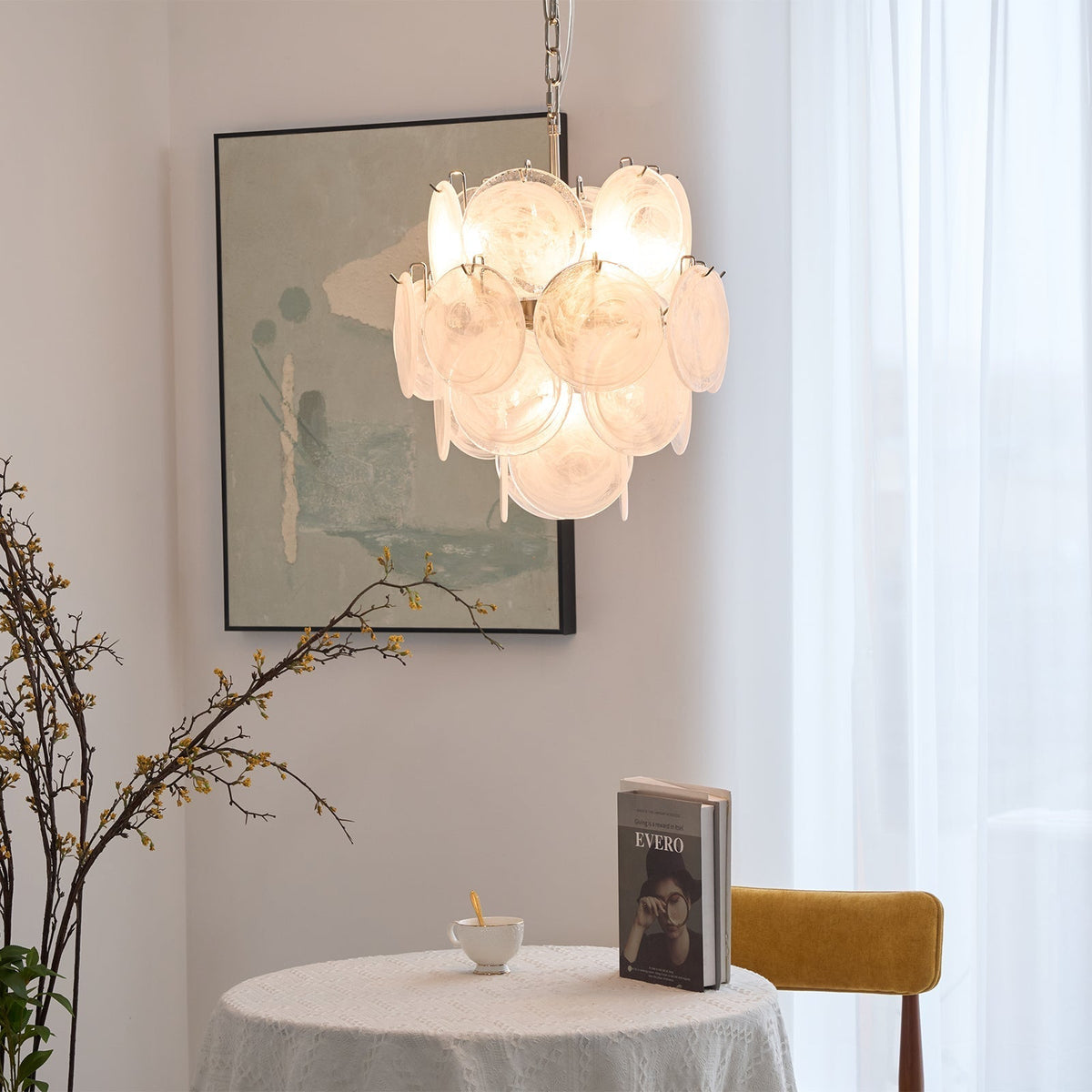 Lioruora lysekrone i abrikosfarvet Murano-glas med skiver, lagdelt kunstnerisk