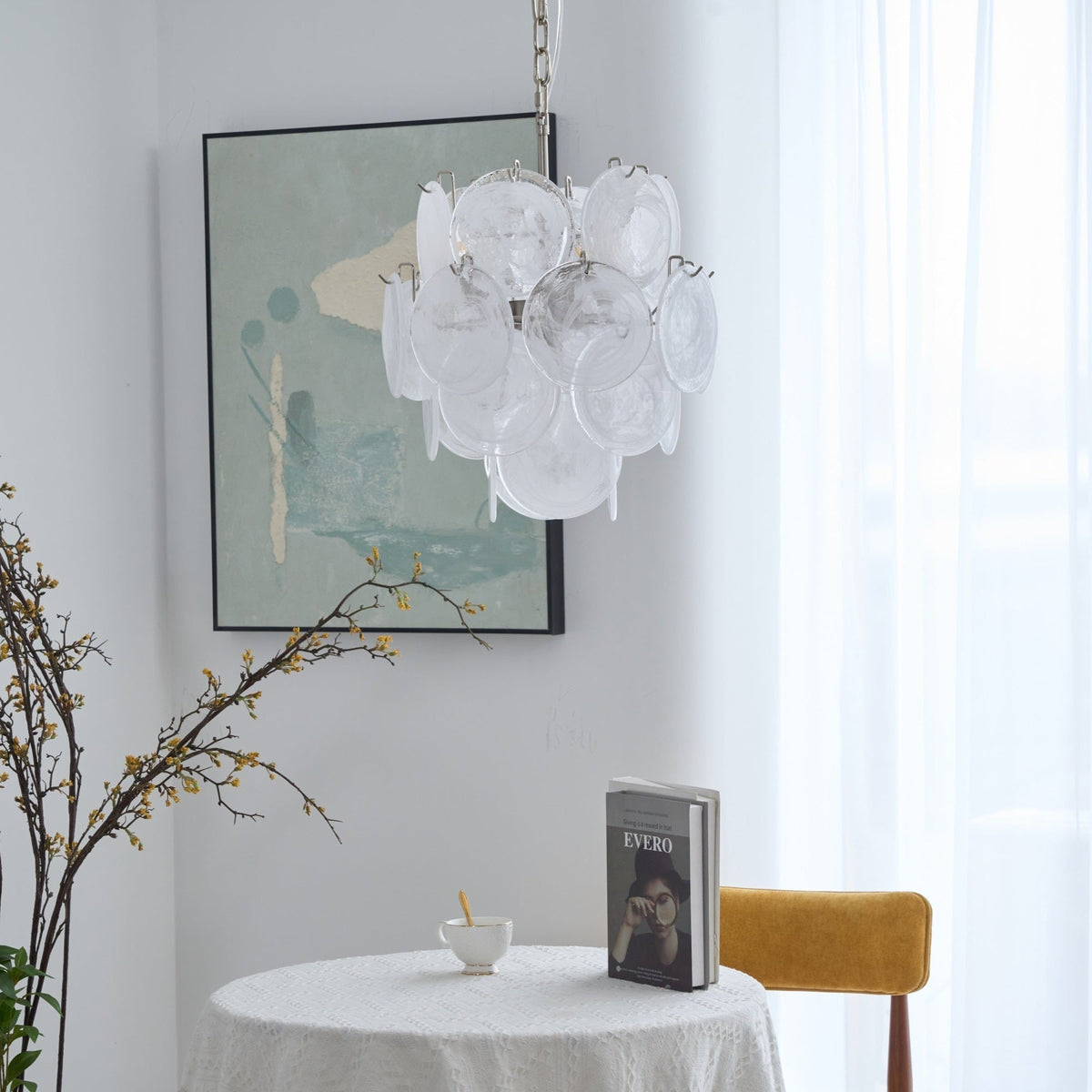 Lioruora lysekrone i abrikosfarvet Murano-glas med skiver, lagdelt kunstnerisk
