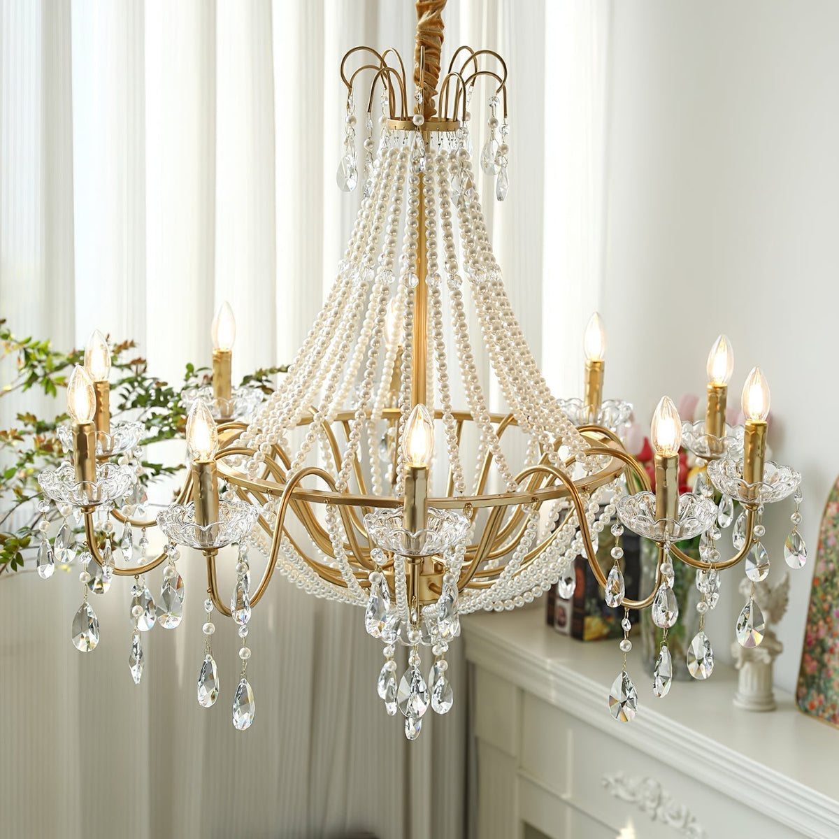 Eurvaros Candeeiro de teto vintage em latão e cristal