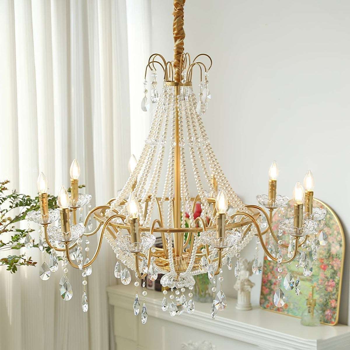 Eurvaros Candeeiro de teto vintage em latão e cristal