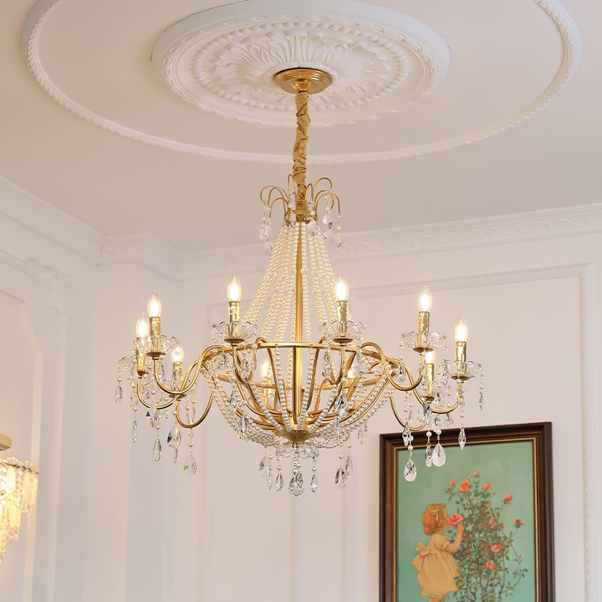 Eurvaros Candeeiro de teto vintage em latão e cristal