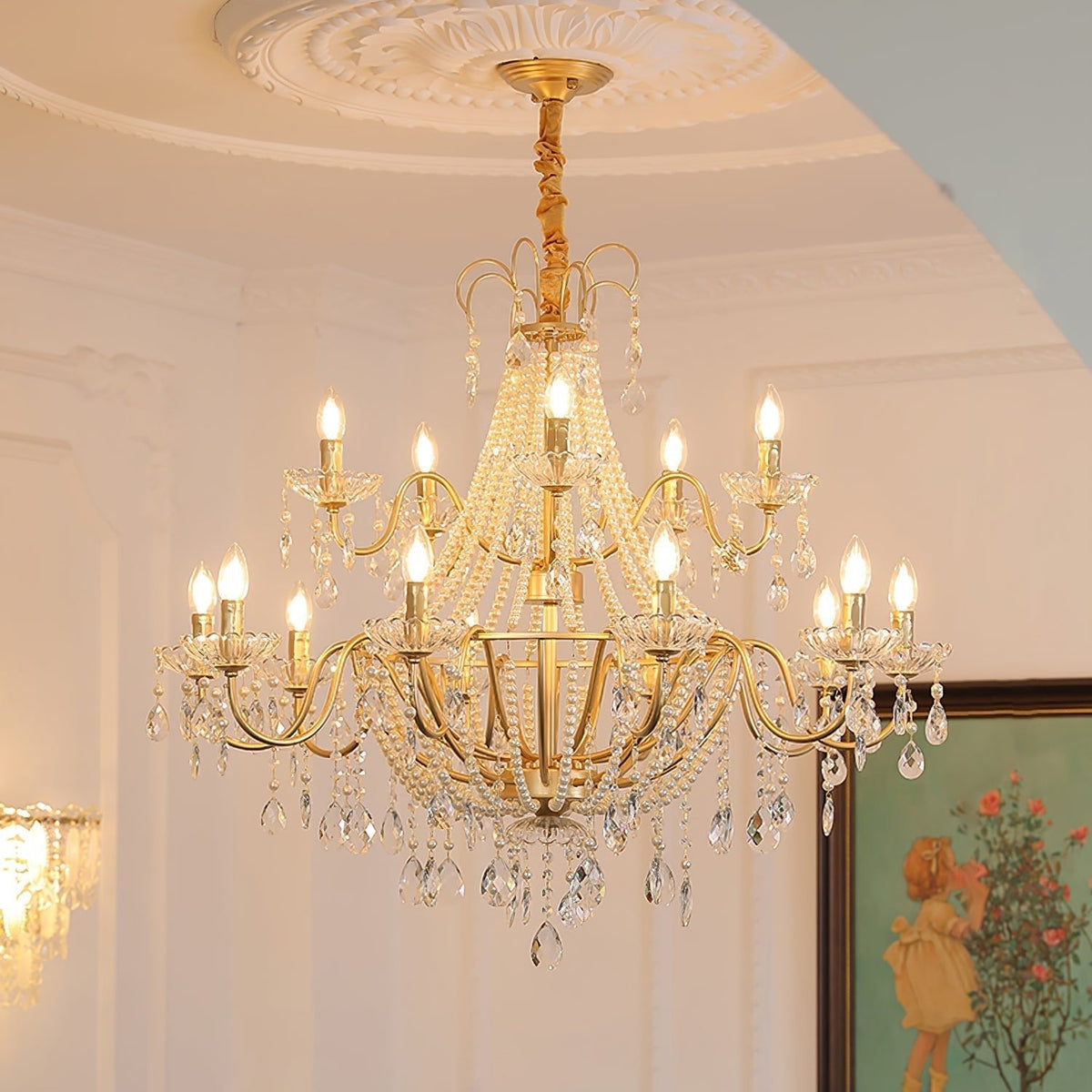 Eurvaros Candeeiro de teto vintage em latão e cristal