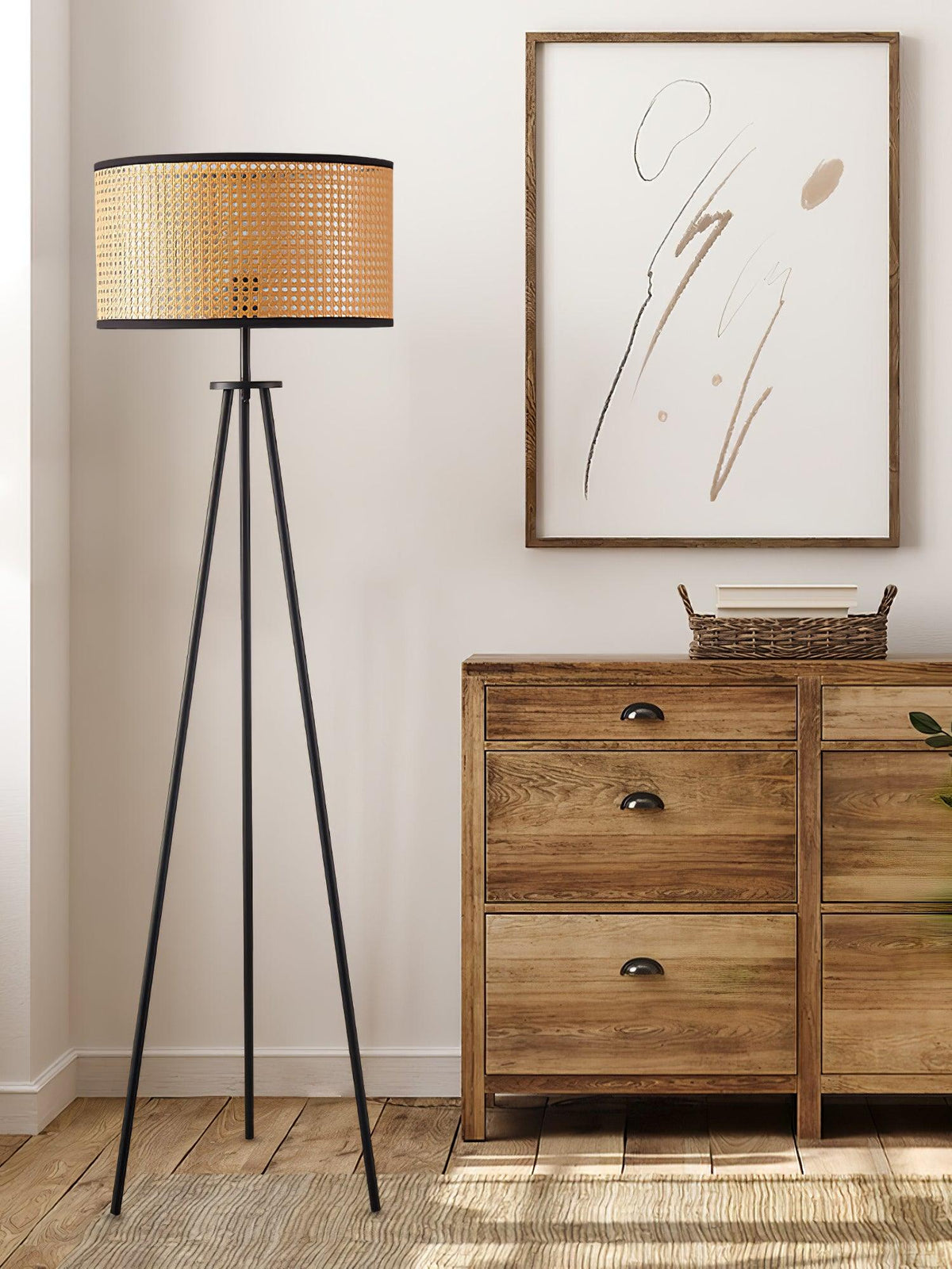 Trio vintage-gulvlampe i bambus