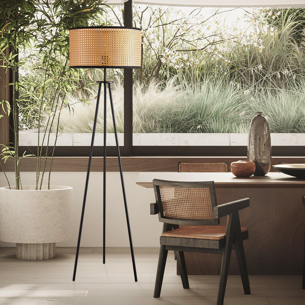 Trio vintage-gulvlampe i bambus