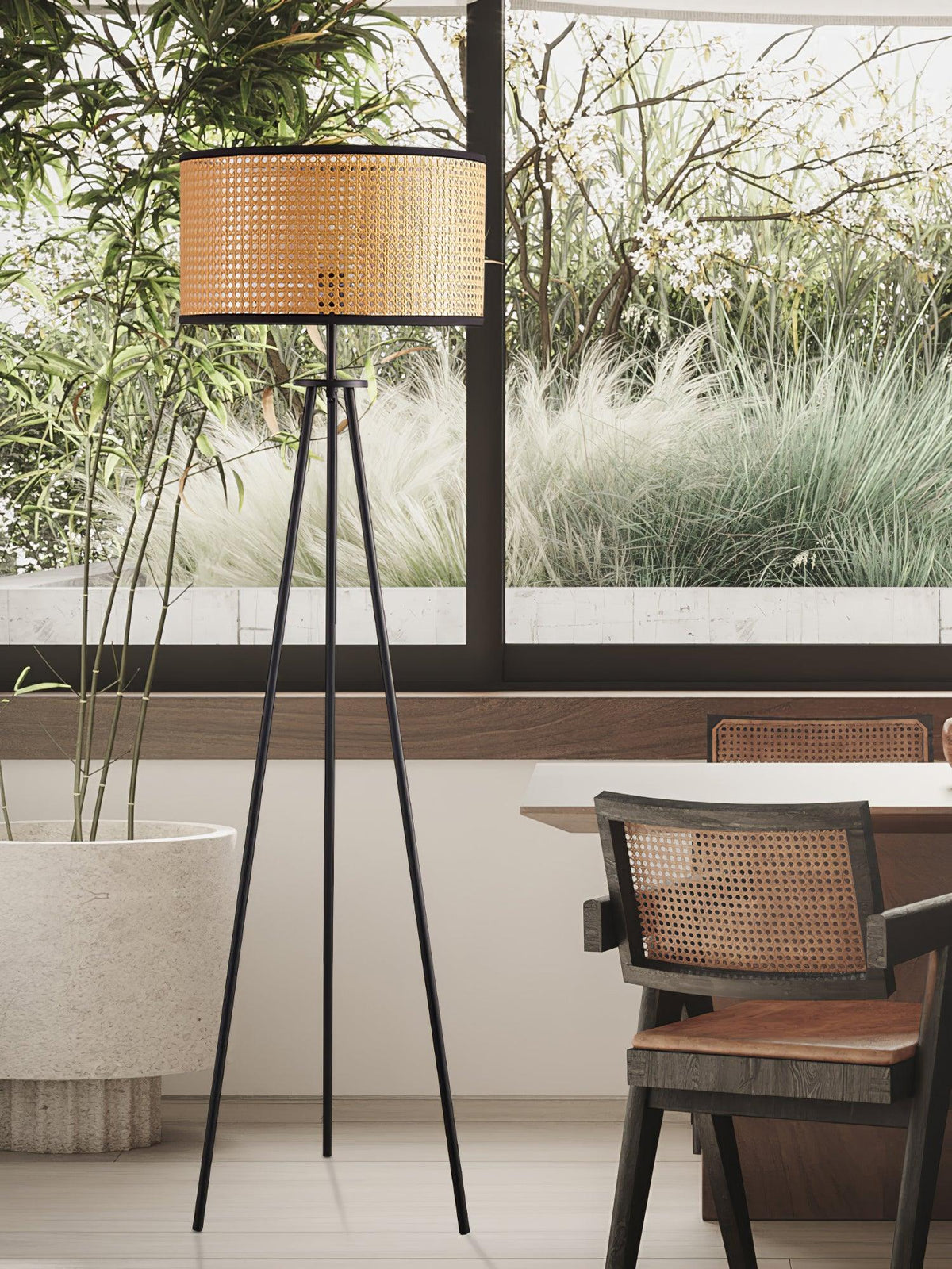 Trio vintage-gulvlampe i bambus