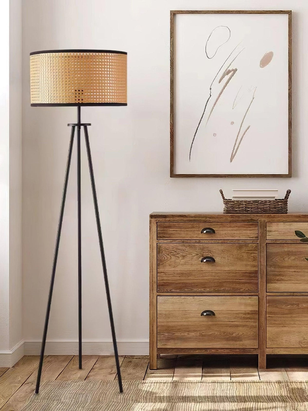 Trio vintage-gulvlampe i bambus
