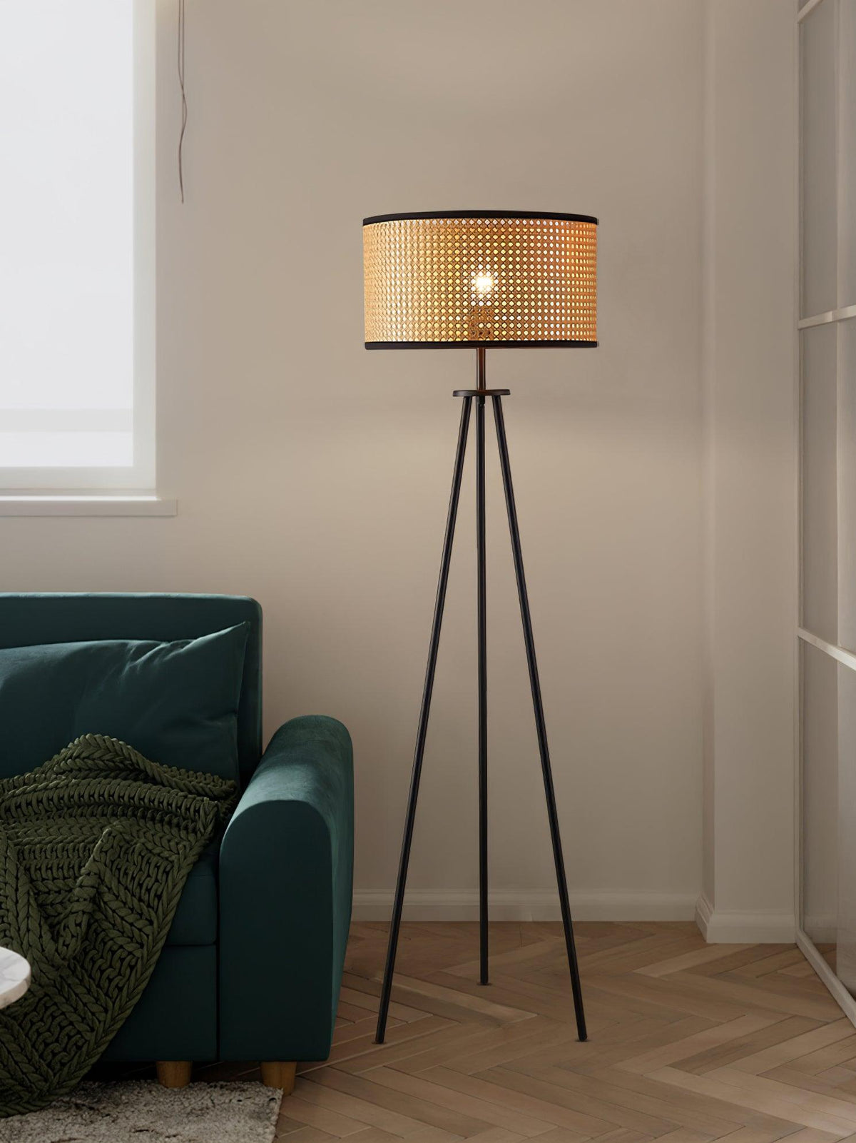Trio vintage-gulvlampe i bambus