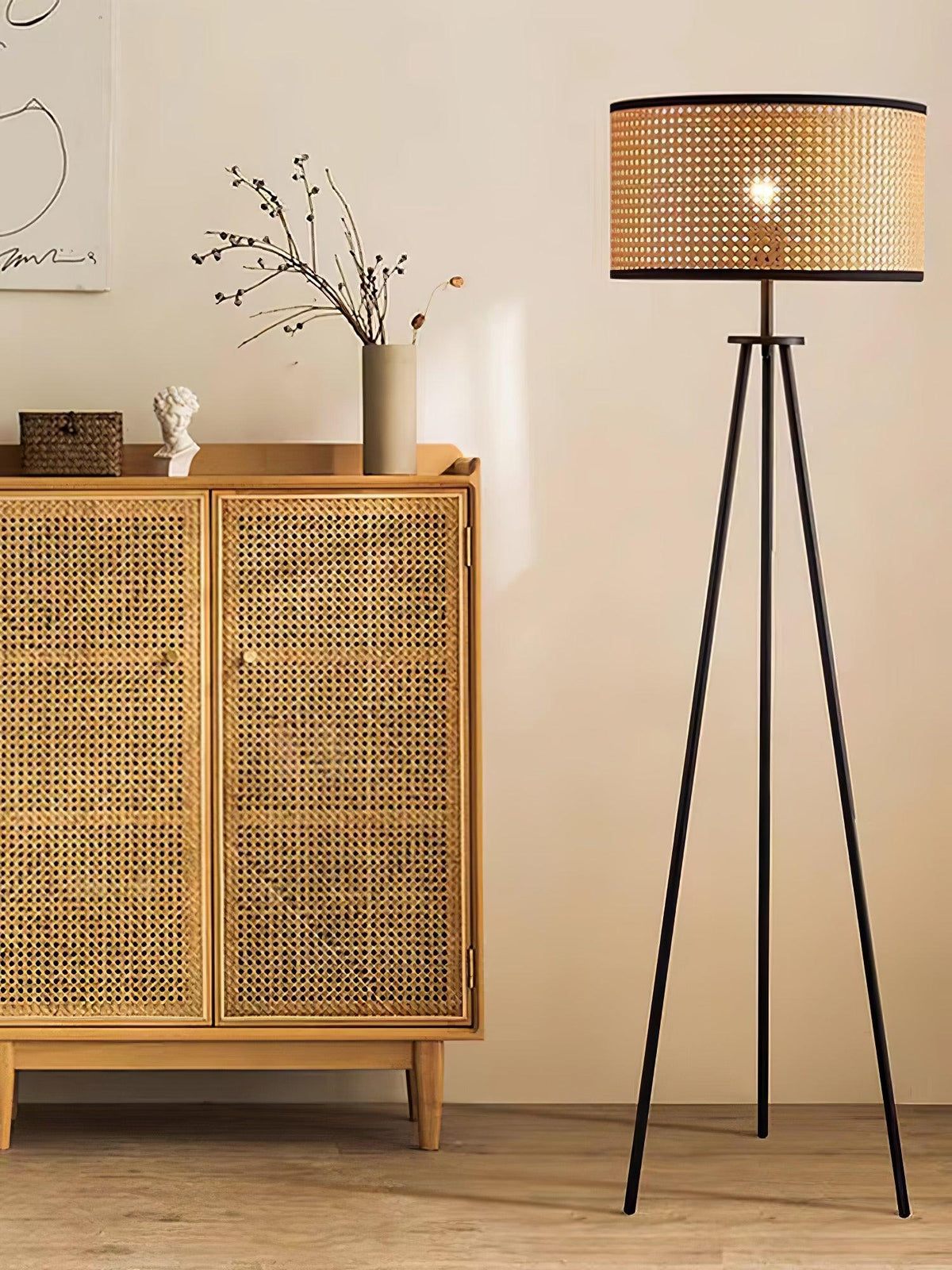 Trio vintage-gulvlampe i bambus