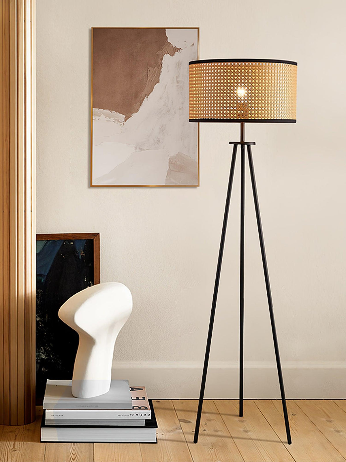 Trio vintage-gulvlampe i bambus