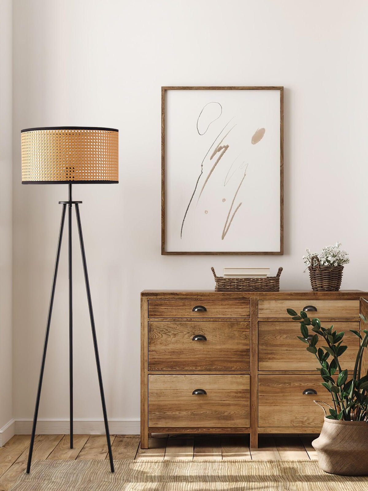 Trio vintage-gulvlampe i bambus