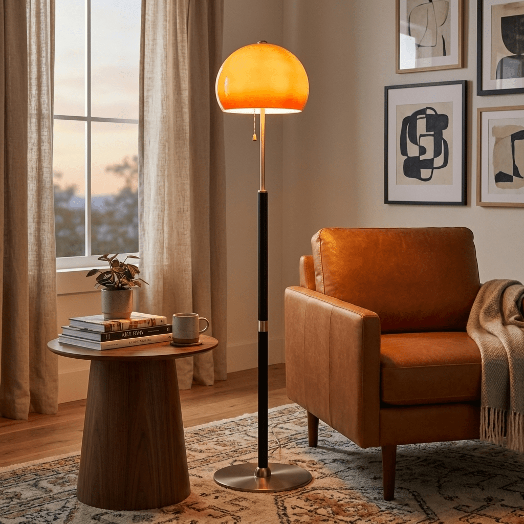Terielella golvlampa med bärnstensfärgad kupol