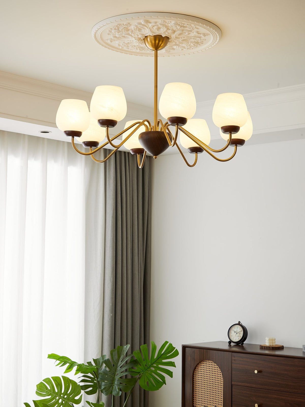 Candeeiro de teto de madeira e vidro elegante premium Sytheiel