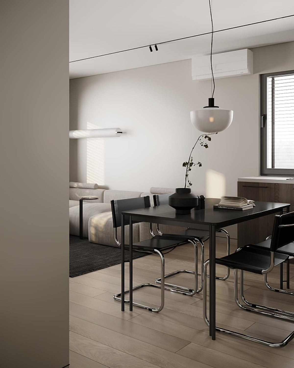 Pendel med glaskuppel, metalbeslag, minimalistisk og afslappende