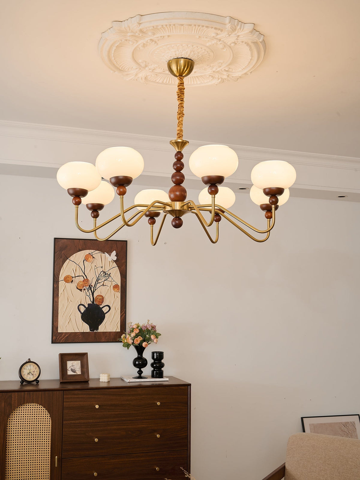 Sylaian moderne lysekrone i glas, træ og messing med 6 lamper