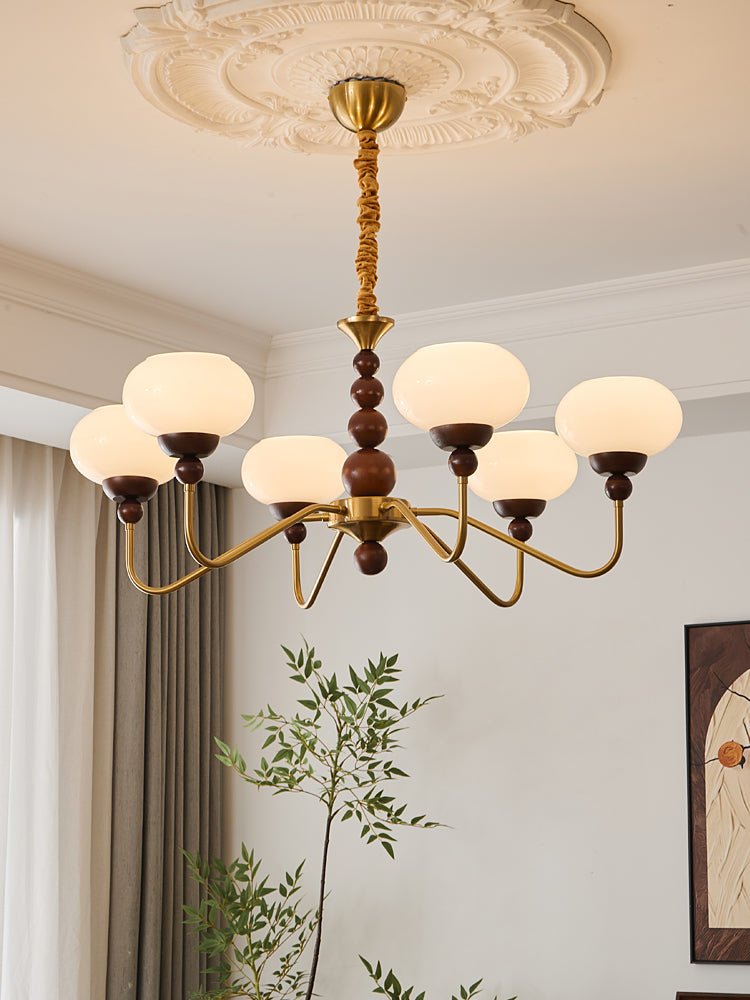 Sylaian moderne lysekrone i glas, træ og messing med 6 lamper