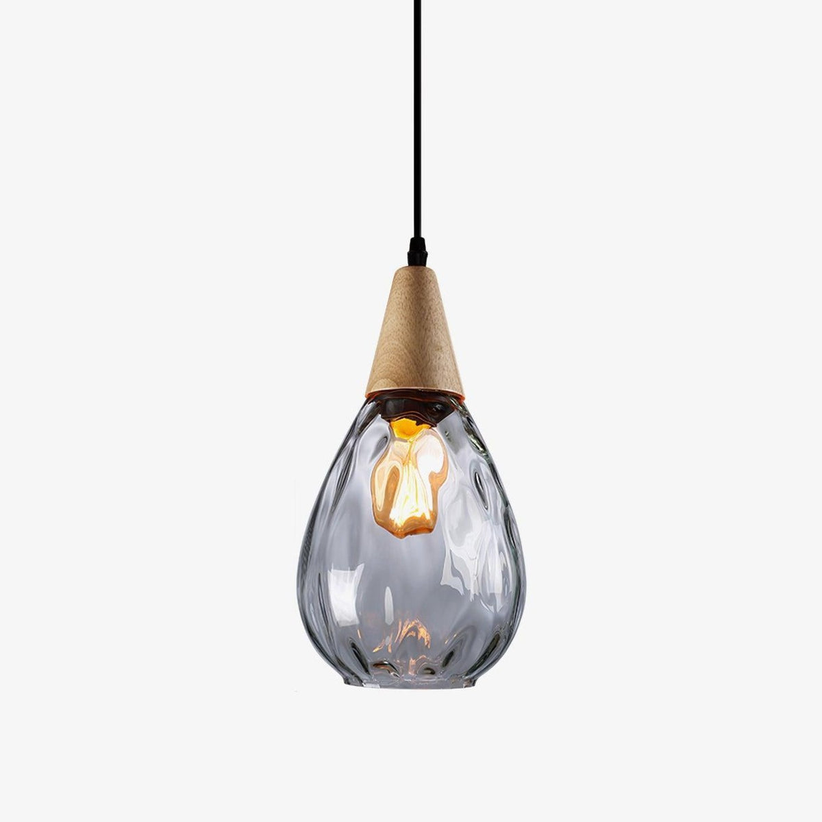 Rinisena pendellampe i klart glas og træ, nordisk og moderne