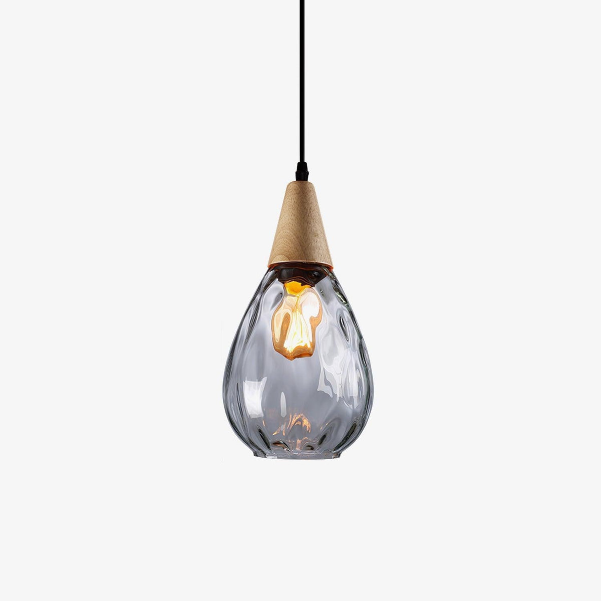 Rinisena pendellampe i klart glas og træ, nordisk og moderne