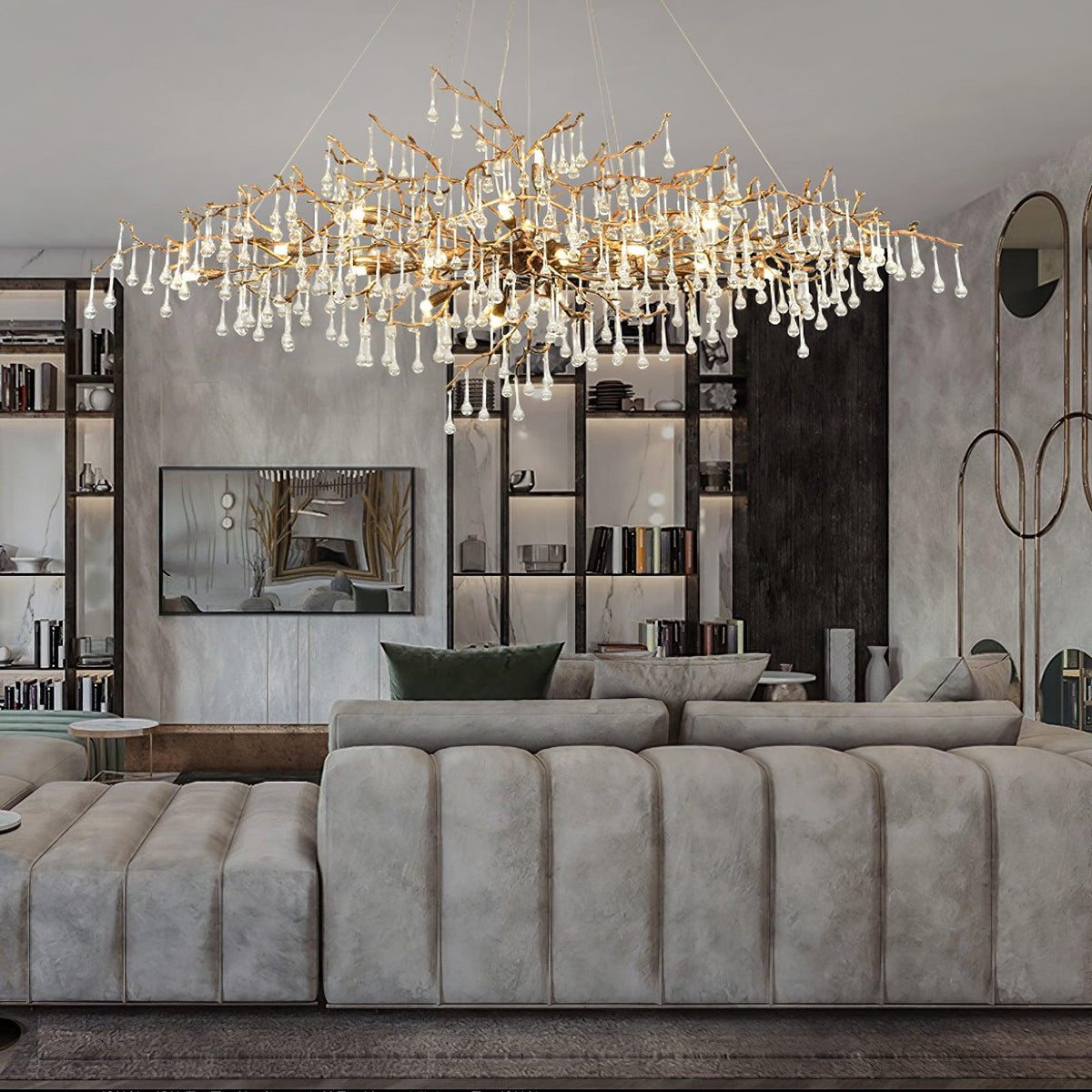 Elyeelle-lysekrone i messing og krystal med grene