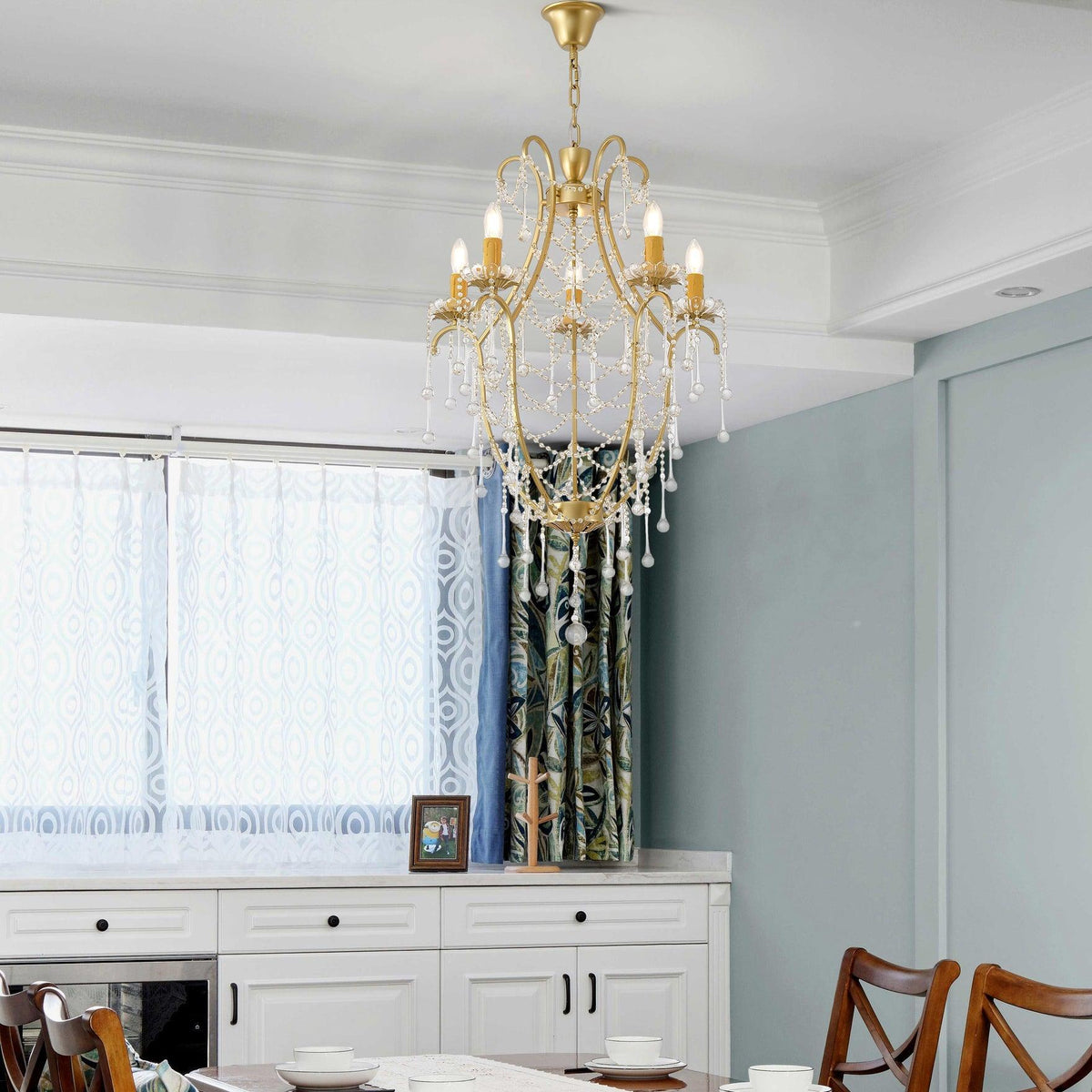Candeeiro de lustre Eiriian em forma de gaiola com gotas de vidro