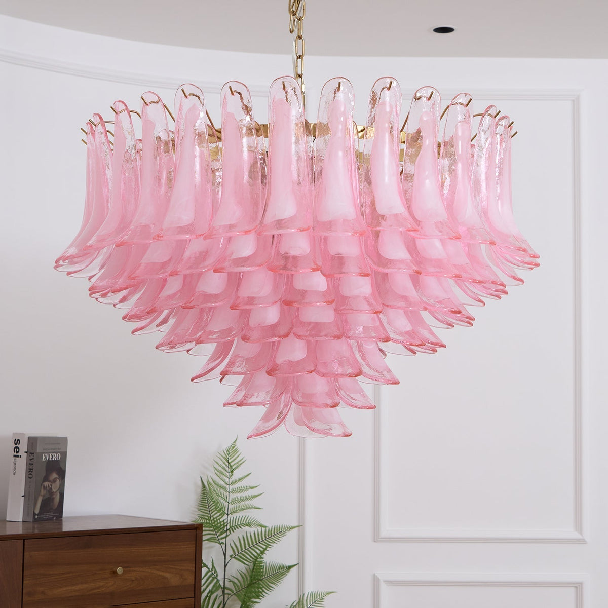 Lustre de pétalas de vidro Murano rosa-pálido elegante Celaella