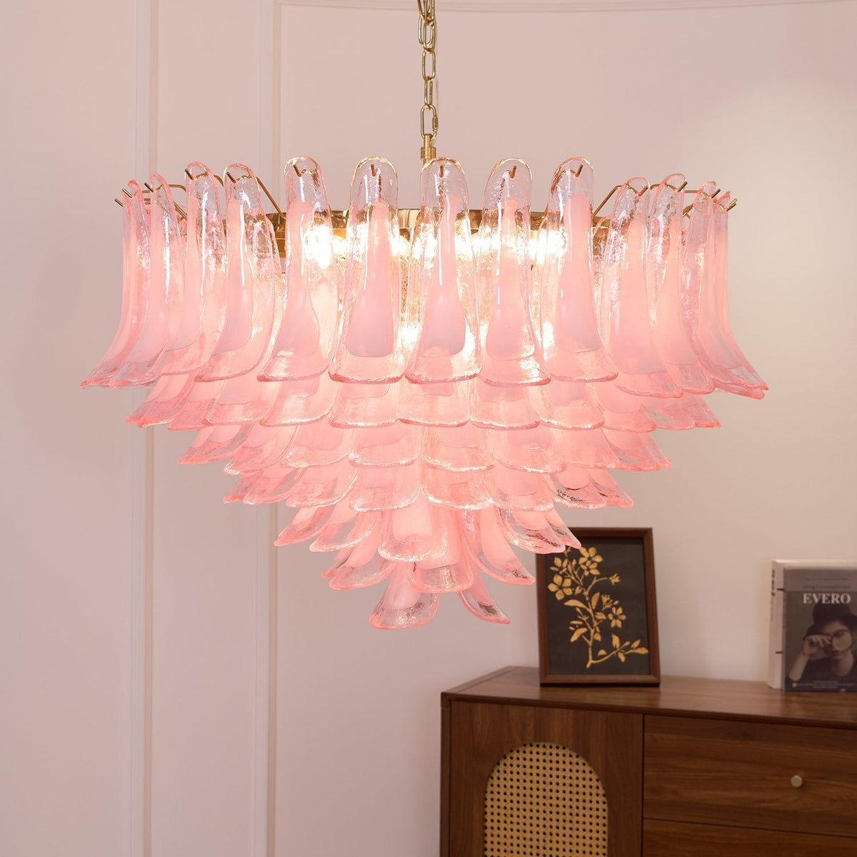 Lustre de pétalas de vidro Murano rosa-pálido elegante Celaella