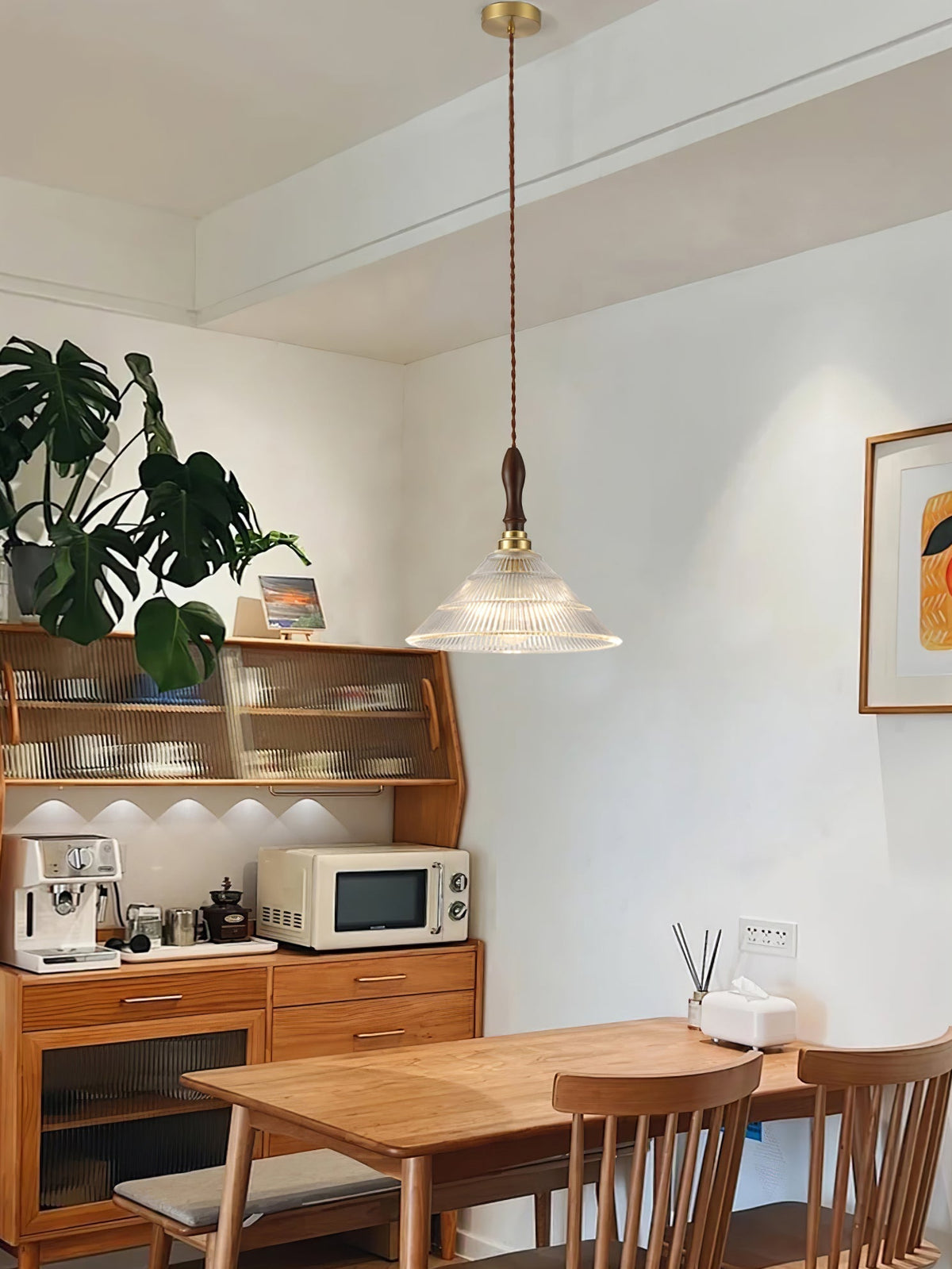 Arcara vintage-pendellampe i rillet glas og træ