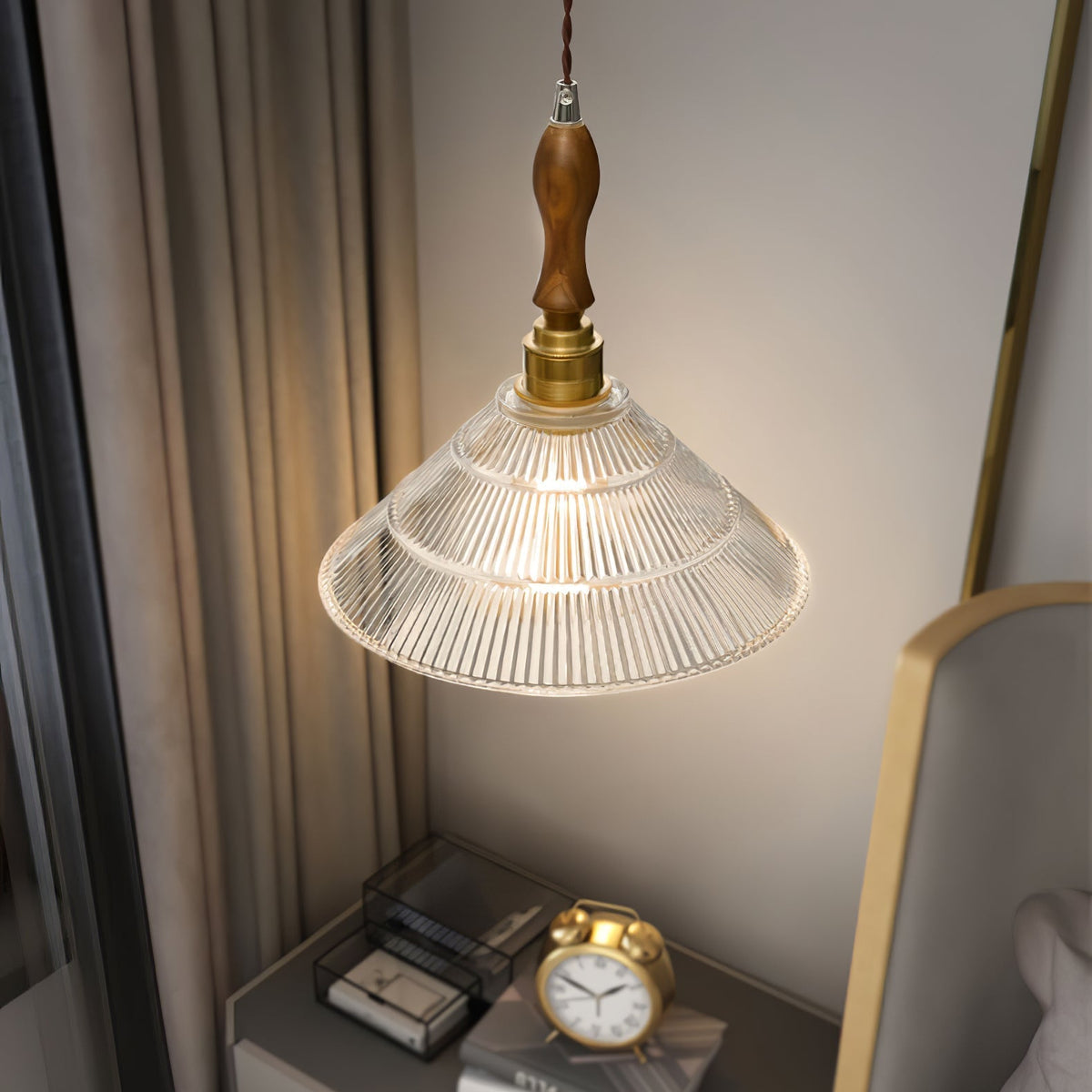 Arcara vintage-pendellampe i rillet glas og træ