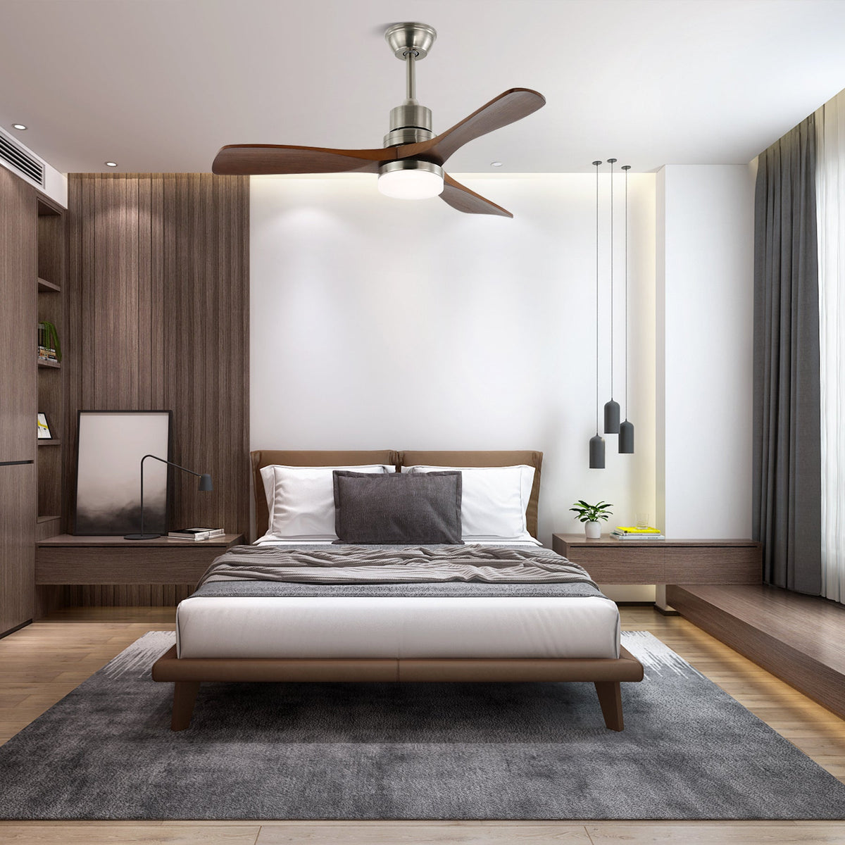 Rininena modern takfläkt med lampa och träblad