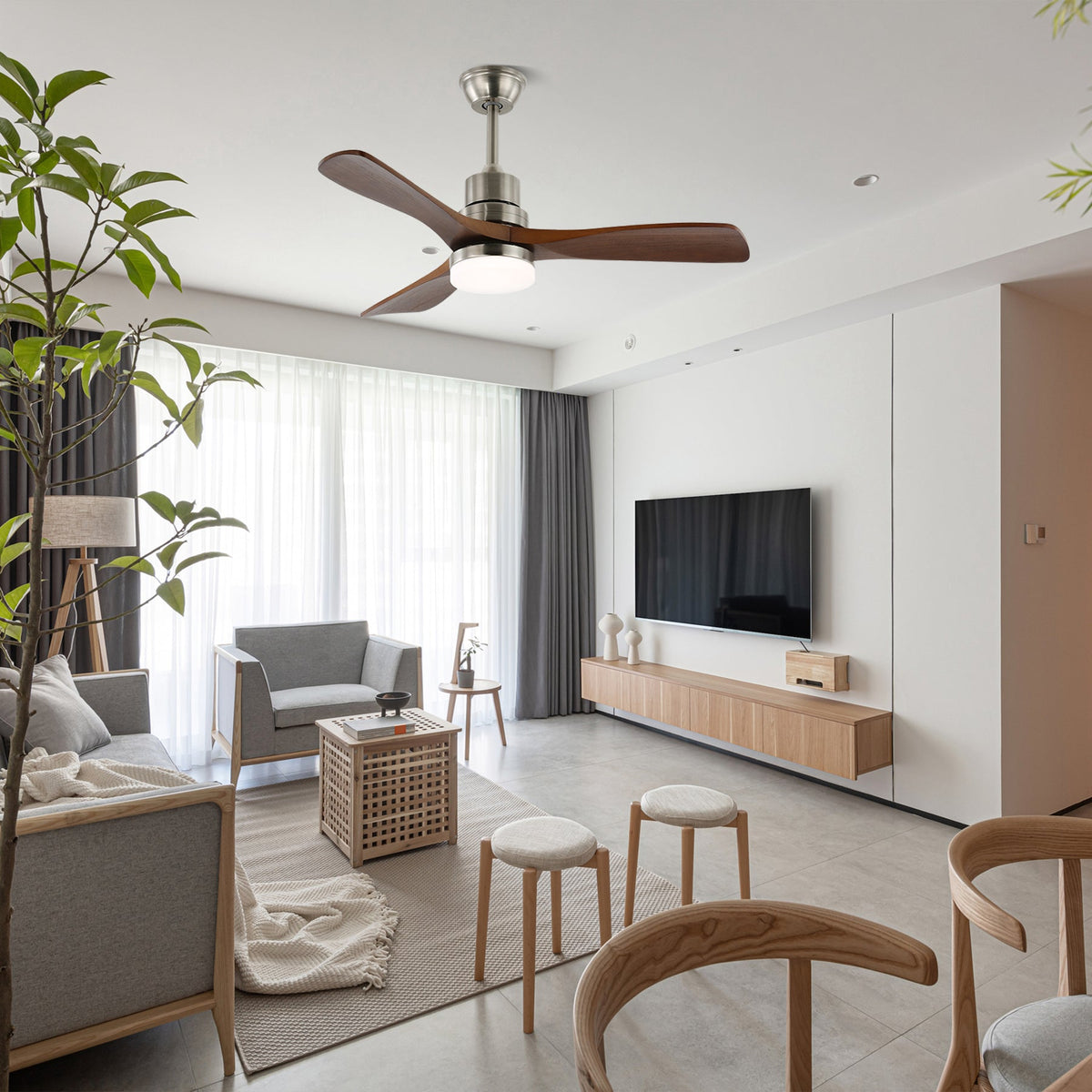 Rininena modern takfläkt med lampa och träblad