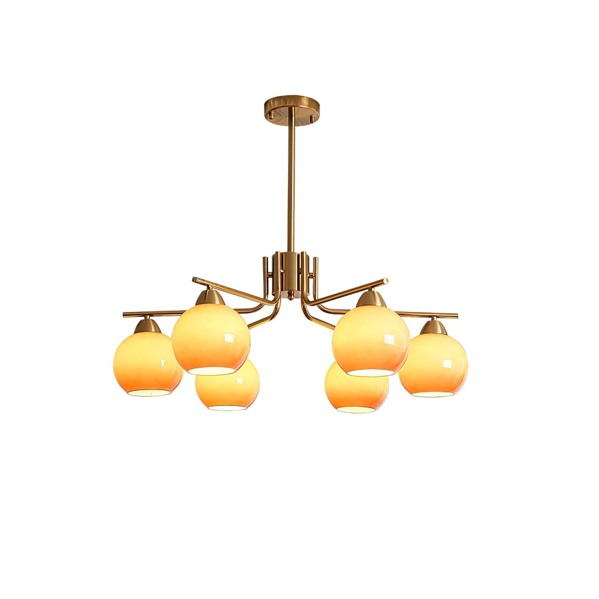 Oriorella minimalistisk lysekrone i messing med karamelfarvede globusser
