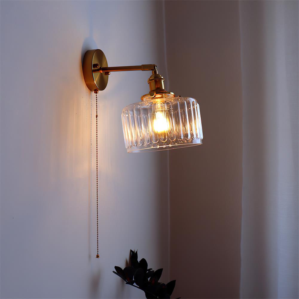 Rilo Wall Lamp Brass with Green/Clear Glass Shade and Pull Chain