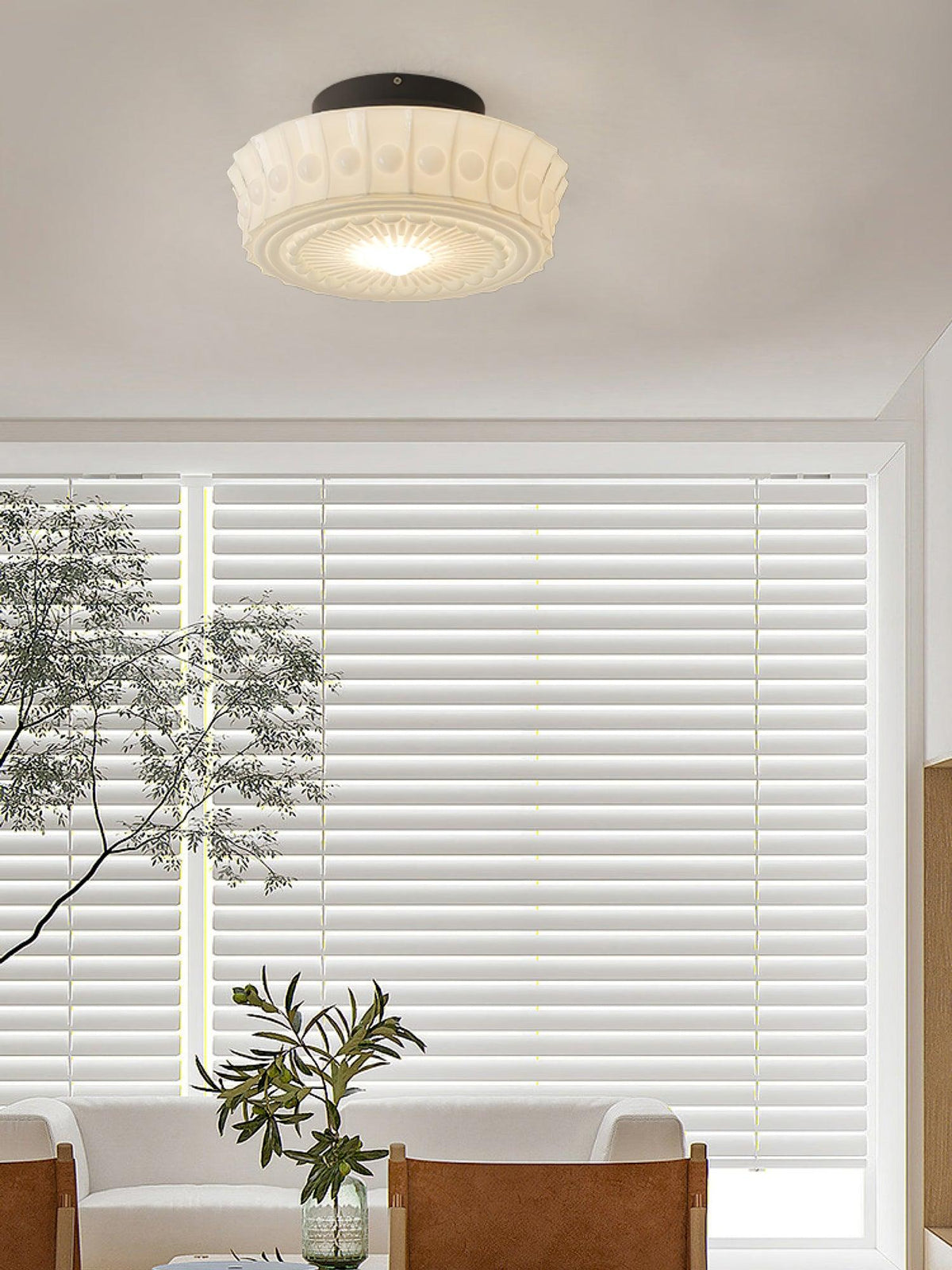 Candeeiro de teto Veleraya em vidro branco floral para sala de estar