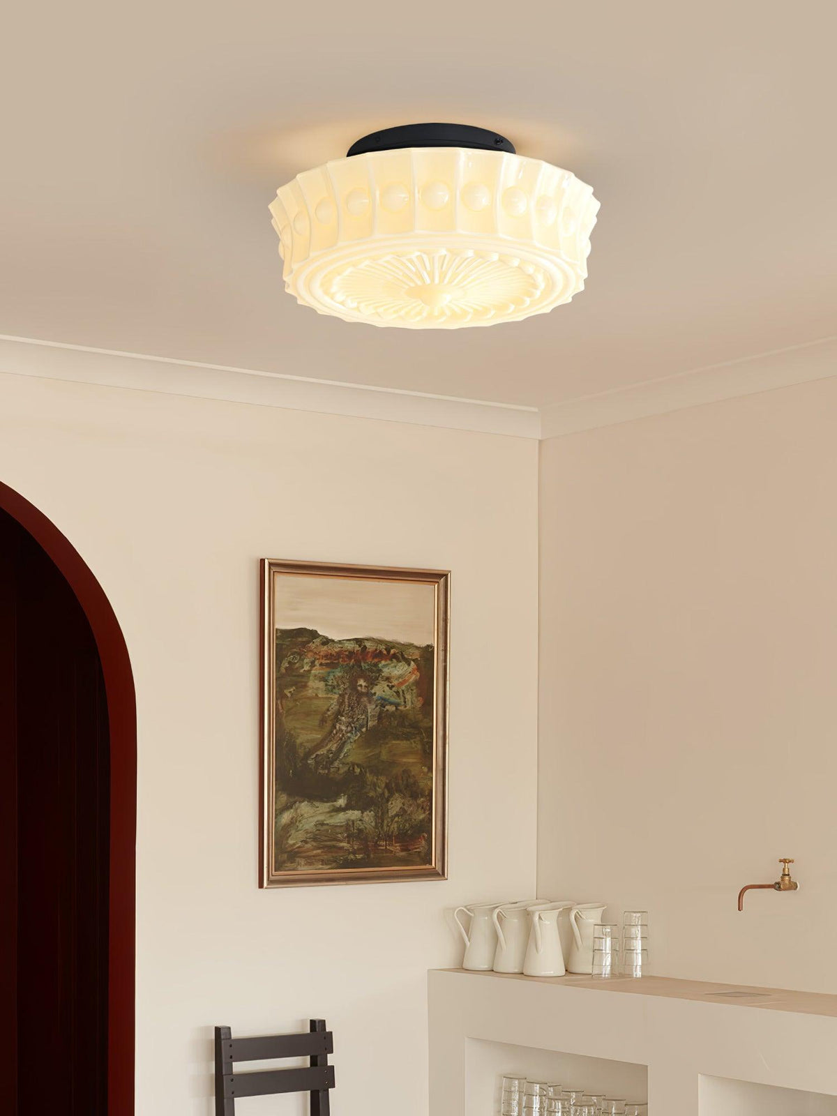 Candeeiro de teto Veleraya em vidro branco floral para sala de estar