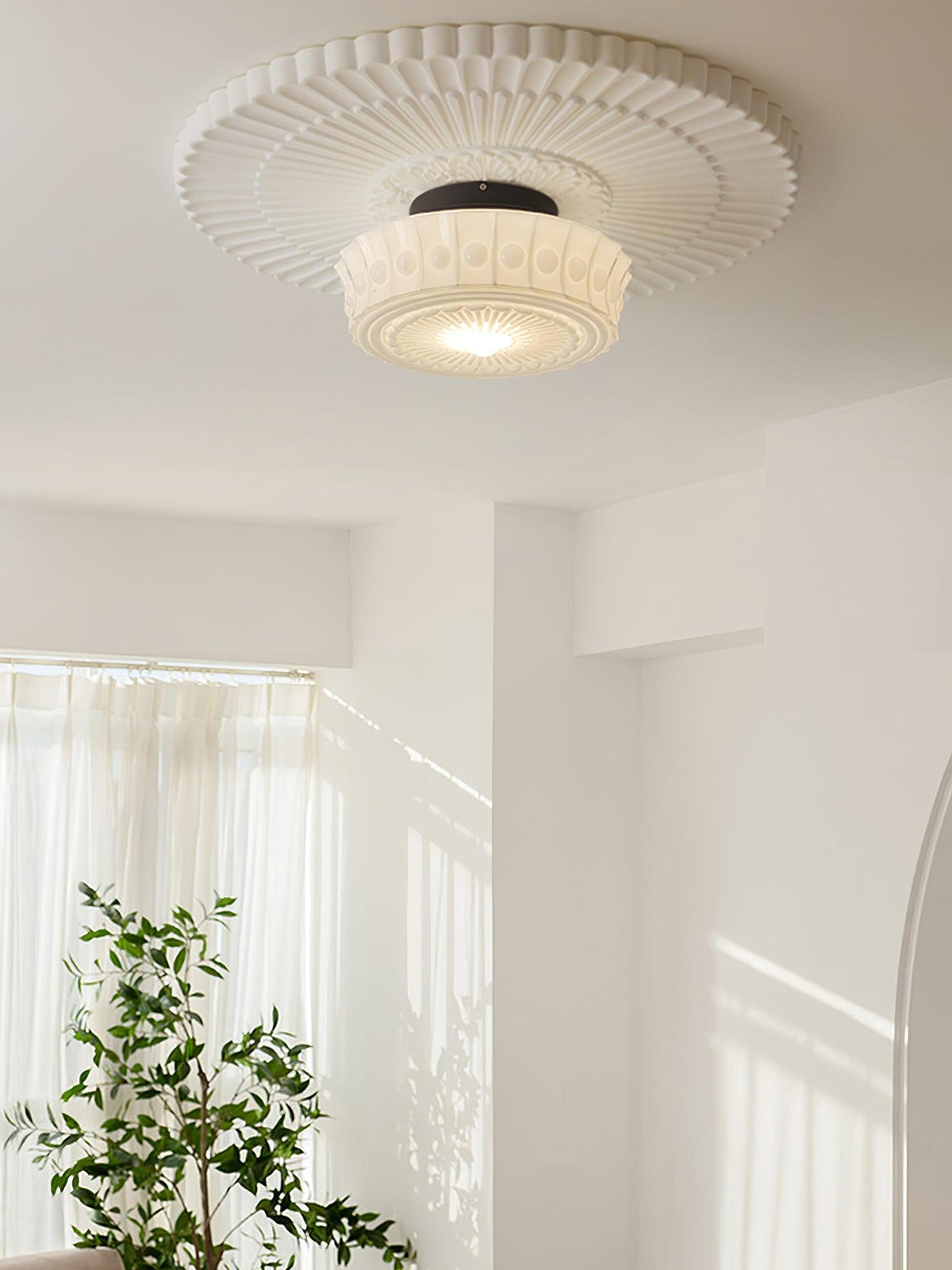 Candeeiro de teto Veleraya em vidro branco floral para sala de estar