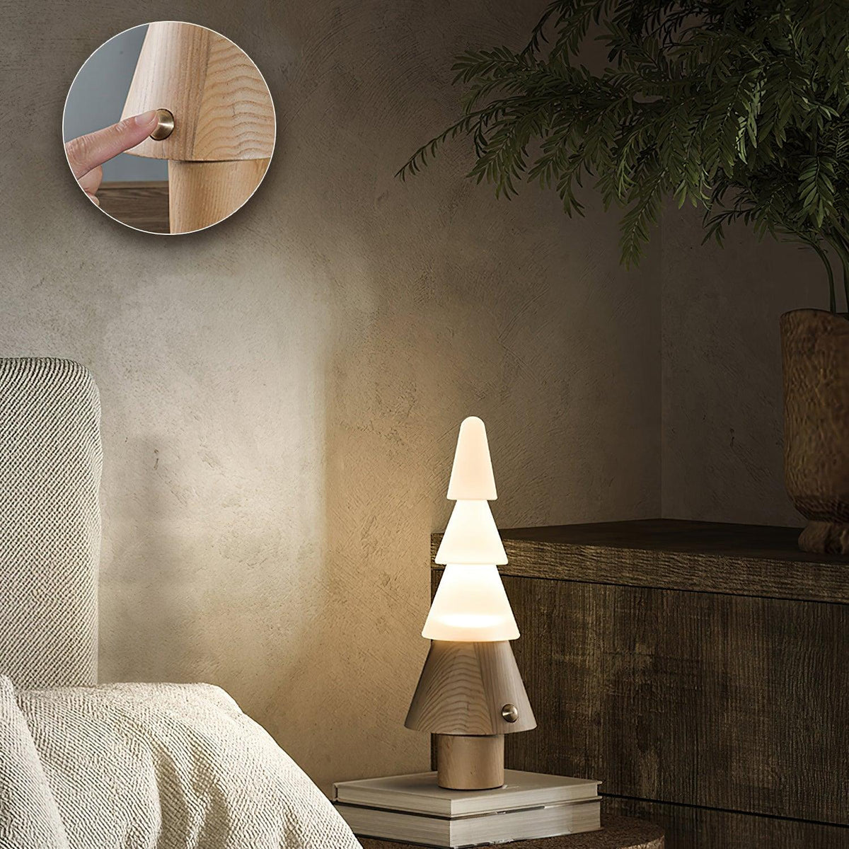 Elveette moderne bordlampe i træ