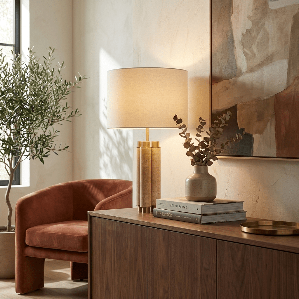 Claudelle-bordlampe i travertin
