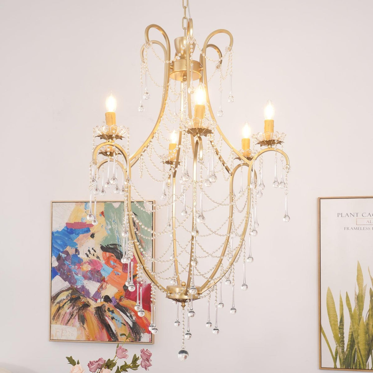 Candeeiro de lustre Eiriian em forma de gaiola com gotas de vidro