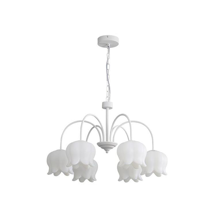 Lustre branco elegante com cúpulas em forma de sino, braços curvos e motivos florais Veleissa